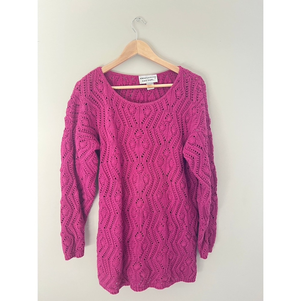 Absolutely Cotton Magenta Pink Pointelle Cable Knit Sweater Made in USA OSFA